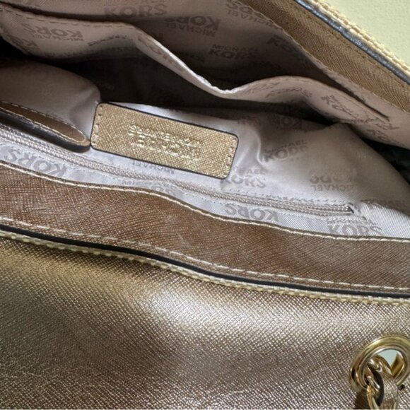 Michael Kors Violet Vivian Leather Straw Raffia Metallic Chain Shoulder Bag Tote - Picture 15 of 16